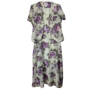 Vintage NWT Size 16 Green Purple Roses Sleeveless Maxi Dress Cardigan Fairy Y2k